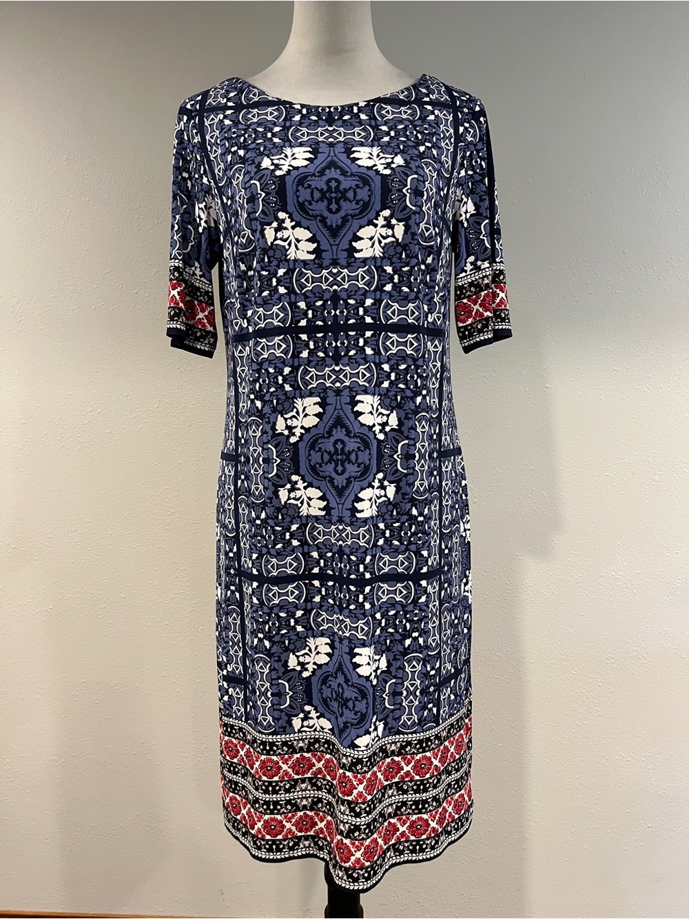 Navy Blue Printed Short-Sleeve Shift Dress size 10